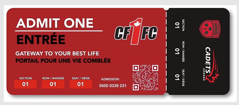 CFOne cadet proof token: red Admit One / Entrée ticket with CF1FC and Cadets Canada logos